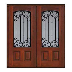Prehung Double Door 80 Fiberglass Valencia Arch Lite Wrought Iron - Front Doors