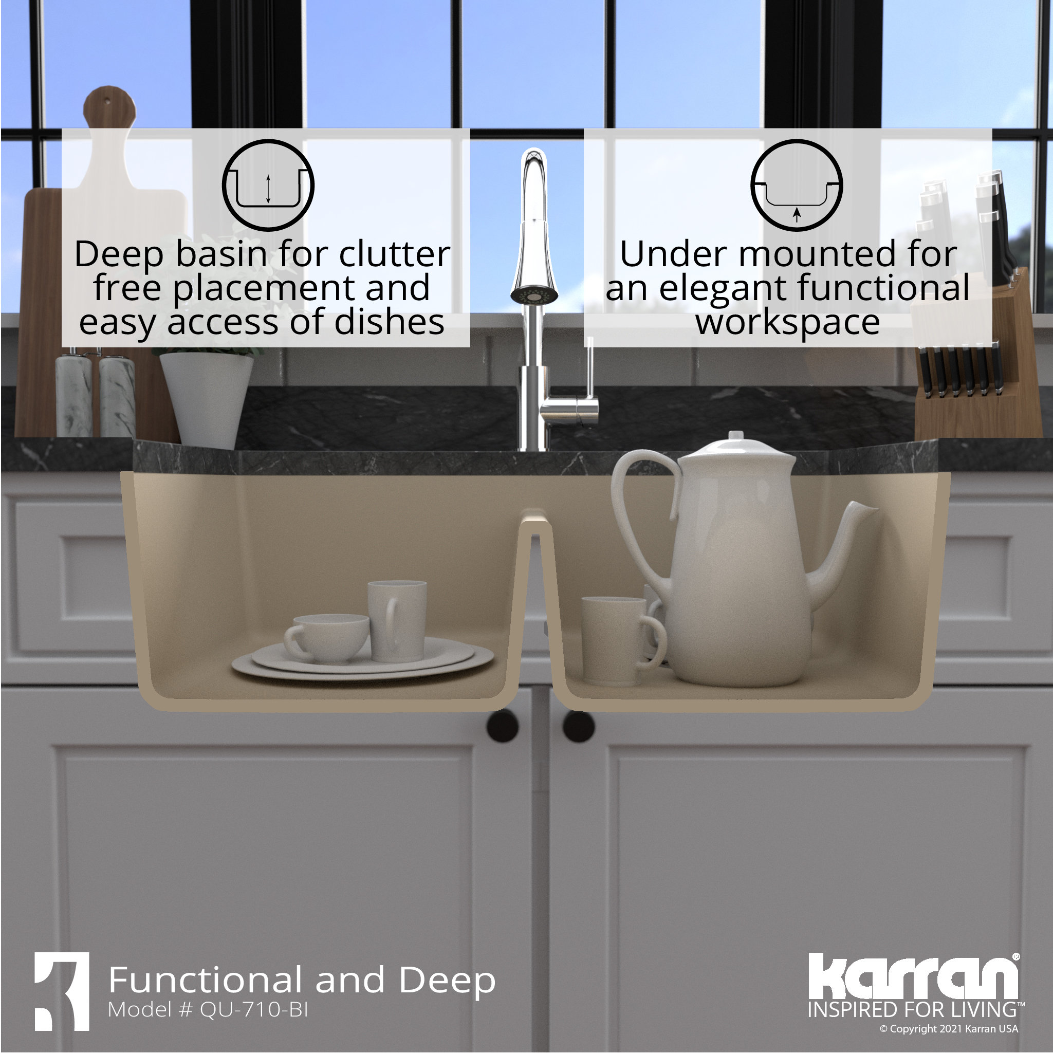 Karran Undermount Quartz 32" 50/50 Double Bowl Kitchen Sink, Bisque
