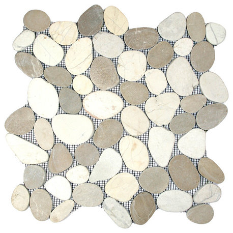 Java Tan & White Pebble Tile - Hand-Selected with Mesh Backing, 12x12 Sheet