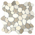 CNK Tile - Sliced Java Tan and White Pebble Tile - Each pebble is carefully selected and hand-sorted according to color, size and shape in order to ensure the highest quality pebble tile available. The stones are attached to a sturdy mesh backing using non-toxic, environmentally safe glue. Because of the unique pattern in which our tile is created they fit together seamlessly when installed so you can't tell where one tile ends and the next begins!