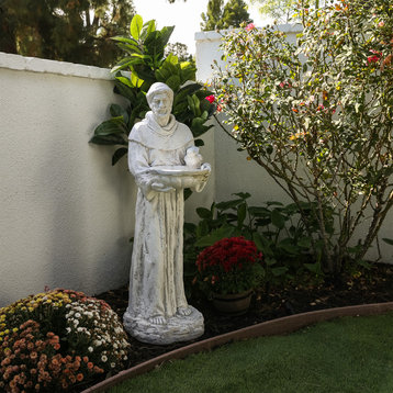 45" Tall Outdoor Saint Francis Birdbath Statue Yard Art Decoration, Light Gray