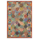 Bareens Designer Rugs - Southwestern Turkish Kilim Gerard Hand-Woven Wool Rug - 4'11'' x 6'3'' - Elevate the elegance of your home with this stunning hand-woven tribal Kilim wool rug. Meticulously crafted on a loom by the Nomad Turkman people using hand-spun wool and 100% natural vegetable dyes, these rugs are recognized for their repetitive geometric patterns, incorporating naturalistic floral and traditional designs. The contemporary fashion palette results in bold, sharp patterns that are incredibly versatile, as the pattern is the same on both sides. These reversible rugs feature a lighter shade on one side and brighter colors on the other, providing versatility according to preference. These unique rugs are made by knotting short strands of different colors onto the warps and securing them by tightly pressing the wefts. The designs are created by interweaving the various colored wefts and warps. Kilims are known for their exceptional durability and versatility, making them truly unique rugs.  Product Details    Rug Size: 4'11'' x 6'3''  Material: 100% Wool  Style: Kilim, Flat Weave, Dhurrie, Turkish, Southwestern, Rustic, Tribal  Colors: Blue, Rust  Weave Type: Hand-Woven, Handmade  Pile Height: Less than 0.25 inch