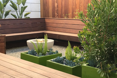 This is an example of a small contemporary drought-tolerant and partial sun backyard wood fence landscaping in San Francisco with decking.