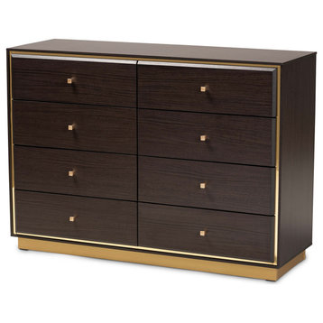 Warner Modern Espresso Brown Finished Wood and Gold Metal 8-Drawer Dresser