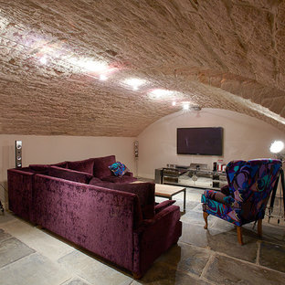 Inspiration for a large romantic fully buried basement in Other with beige walls.