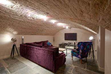 Inspiration for a large romantic fully buried basement in Other with beige walls.
