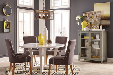 Great room - mid-sized contemporary ceramic tile great room idea in Orange County with white walls and no fireplace