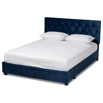 Navy Blue Velvet Fabric Upholstered 2-Drawer King Size Platform Storage Bed