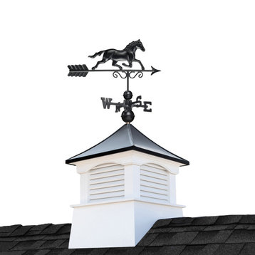 26" Square Coventry Vinyl Cupola Black Aluminum Horse Weathervane and Roof