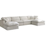 Meridian Furniture - Plush Velvet / Down Standard Comfort 6-Piece U-Shaped Modular Sectional, Cream - No matter how big or little the size of your gang, they can all find their sweet spot when you choose pieces from the Plush collection to build your ideal seating group. Choose this six-piece set or pair multiple pieces together to get the custom look everyone will love. The soft cream velvet material is soft and welcoming to the touch, and the set's cushions are overstuffed with a down and feather blend to provide ample support for tired bodies.