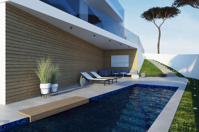 Imagen de piscina alargada minimalista extra grande a medida en patio con paisajismo de piscina y suelo de baldosas