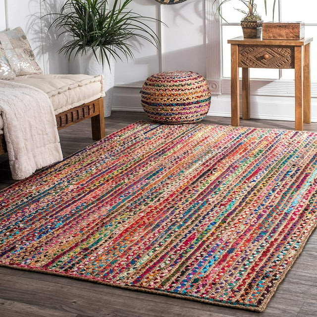 Reversible Braided Area Rug with Multicolor Cotton and Natural Jute ...