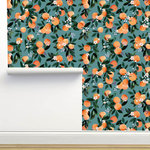 Limitless Walls - Dear Clementine Teal Oranges Wallpaper, 24"x72" - Each roll of wallpaper is custom printed to order and has a fixed width that covers 24 inches of wall space.
