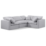 Meridian Furniture - Indulge Upholstered Modular L-Shaped Sectional, Grey, 4-Piece: 1 Armless Chair, 3 Corner Chair, Down Stuffed Linen Textured Fabric - Unwind in tranquil elegance with the Indulge Linen Sectional. Imagine sinking into the plush embrace of this lush sectional, crafted from rich, textured grey linen that feels soft and inviting against your skin. Overstuffed down feather cushions cradle you in cloud-like comfort, while the solid wood frame provides unwavering support. This modular masterpiece isn't just furniture - it's a blank canvas for creating your dream living space. Arrange the versatile pieces in countless configurations, from a sprawling entertainment zone for movie nights to intimate reading nooks for quiet moments. Indulge in the ultimate comfort, endless possibilities, and timeless elegance.