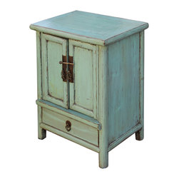 Chinese Rustic Light Pastel Green Hardware End Table Nightstand - Side Tables And End Tables