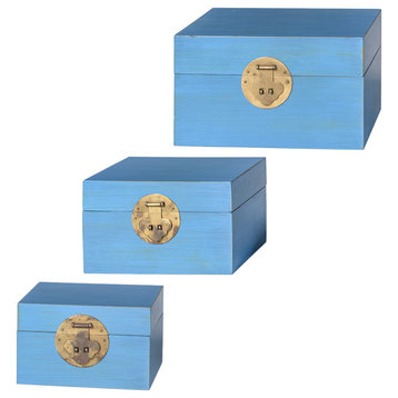 Dann Foley Set of 3 Chinese-Style Wooden Keep Boxes Blue Finish