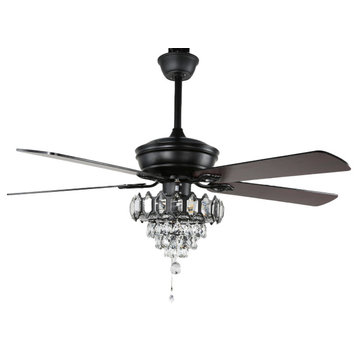 52'' 5 - Blade Crystal Ceiling Fan with Pull Chain and Light Kit Included, Black