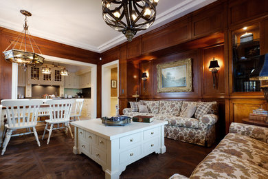 Inspiration for a timeless open concept dark wood floor living room remodel in Moscow with no fireplace
