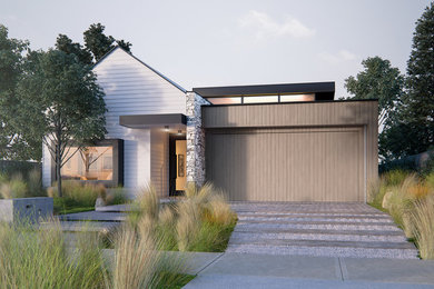 Small modern one-storey white house exterior in Geelong with wood siding, a hip roof and a metal roof.