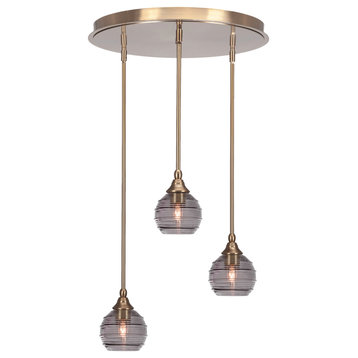 Empire 3 Light Cluster Pendalier In New Age Brass Finish With 6" Smoke Ribbed