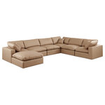 Meridian Furniture - Comfy Upholstered U-Shaped Modular Sectional, Tan, 7-Piece: 3 Armless Chair, 3 Corner Chair, 1 Ottoman, Vegan Leather - Give your space a whole new look with this tan Comfy vegan leather sectional. This handsome sectional fits nicely with other items in the Comfy collection and is a versatile seating option designed for adaptability, comfort and style. Wrapped in rich tan durable vegan leathered upholstery, this sectional offers a plush embrace of overstuffed down feather cushions, carefully crafted to deliver the highest level of comfort. The perfect seat for creating an oasis for relaxation, this sectional has thick foam surrounding its frame for added support and coziness.