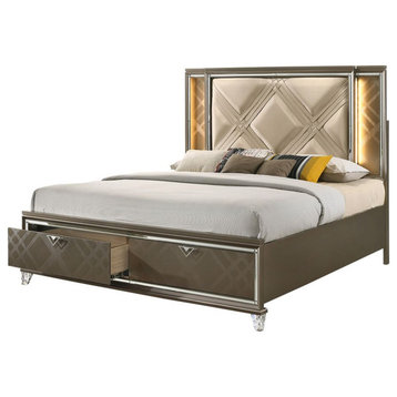 Full Bed With Storage, Led, PU/Dark Champagne