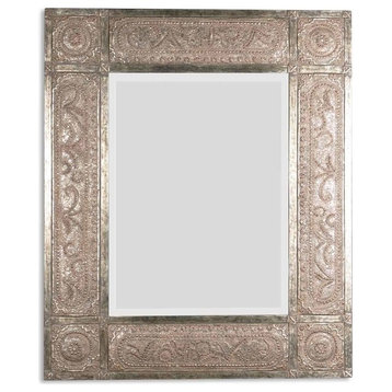 Ornate Embossed Metal Oversize Wall Mirror, Silver