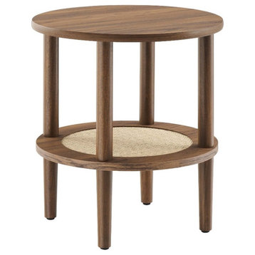 Modway Torus Round Wood Side Table with Lower Rattan Shelf in Walnut