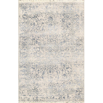 Transitional Hand Knotted Bsilk and Wool Area Rug, 4' 0" X 6' 2", Silver/Grey