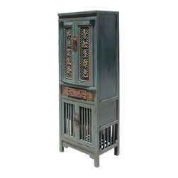Chinese Distressed Teal Gray Blue Narrow Wood Carving Storage Cabinet - Bookcases