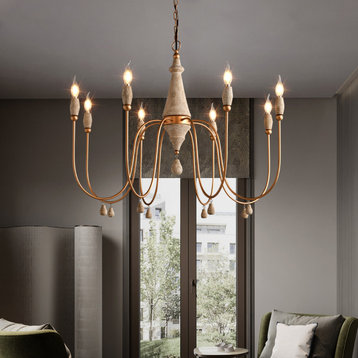 Farmhouse 8-Light Candle-Style Chandelier Wood Pendant Light in Gold Home Decor