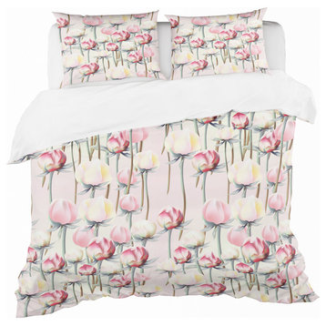 Pink Yellow Red Modern Lakehouse Tulips Cabin Lodge Bedding, Queen
