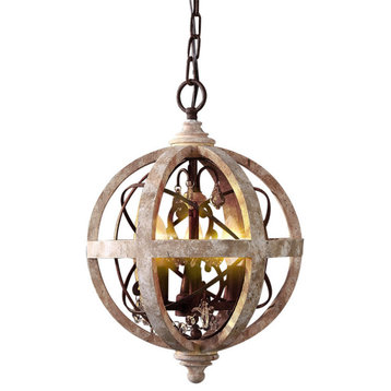 Rustic Weathered Wood Globe Chandelier Metal Crystal Ceiling Light, Small