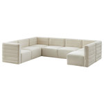 Meridian Furniture - Quincy Velvet Upholstered 7-Piece U-Shaped Modular Sectional, Cream - Show them all that less is more with the minimalist look of this Quincy velvet cloud-like comfort modular sectional. This elegant chair features a simple design that's all about comfort and modern style. The soft cream velvet upholstery is sleek to the touch, and the back of the unit features deep horizontal channel tufting for a look that wows. Because this is a modular seating option, you can pair it easily with other items in the Quincy collection to create a look you love. Latches underneath make it easy to mix and match items from the collection.