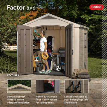 Keter Factor Resin Outdoor Backyard Garden Storage Shed, 8'x6'