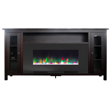 Somerset 70" Mahogany Electric Fireplace TV Stand, LED Flames, Crystals Display