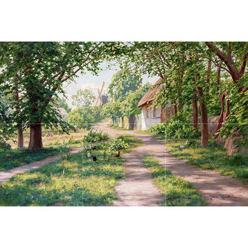 Tile Mural Landscape of the Village and the Mill House and Trees, Ceramic Glossy