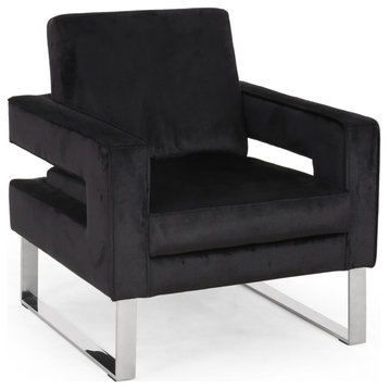 Contemporary Accent Chair, Silver Base With Velvet Seat, Open Track Arms, Black