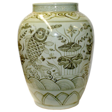 Gray Off White Flowers Fishes Graphic Fat Round Ceramic Vase Hws1139