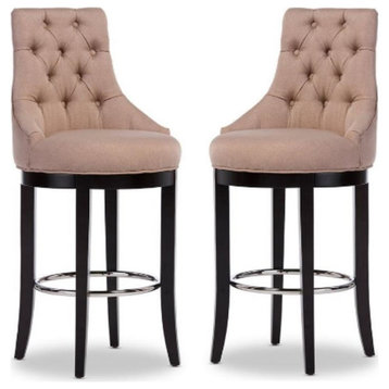 Home Square 30" Solid Wood Tufted Bar Stool in Beige - Set of 2