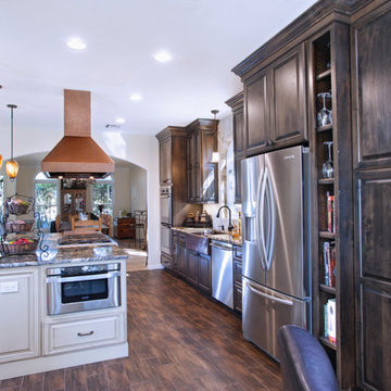 Rustic Old World Kitchen With Accent Island & Copper Hood