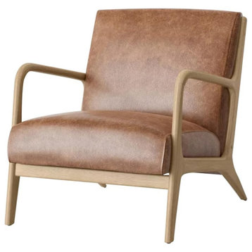 Modern Accent Chair, Hardwood Frame With Padded PU-Leather Seat, Natural/Brown