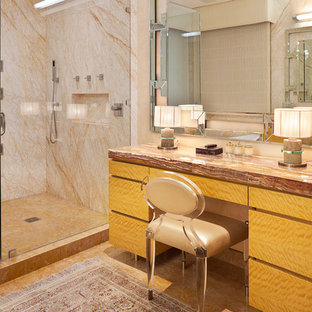 Trendy master orange tile and marble tile limestone floor and orange floor corner shower photo in Los Angeles with flat-panel cabinets, medium tone wood cabinets, white walls, a drop-in sink, a hinged shower door, onyx countertops and red countertops