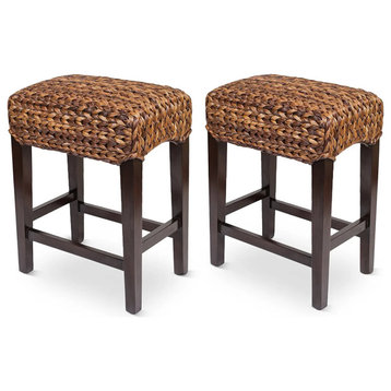 Set of 2 Outdoor Counter Stool, Mahogany Wood Frame & Hand Woven Seagrass Seat