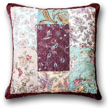 Bohemian Patchwork Burgundy Colorful Velvet Floral Euro Pillow Sham Cover, 26"