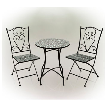 Marbled Glass Mosaic 3-Piece Bistro Set Folding Table and Chairs Patio Seating