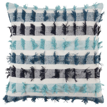 Striped Fringe Design Pillow, Blue, 20"x20", Cover Only