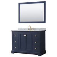 Avery 48" Dark Blue Single Vanity, Carrara Marble Top, Oval Sink, 46" Mirror