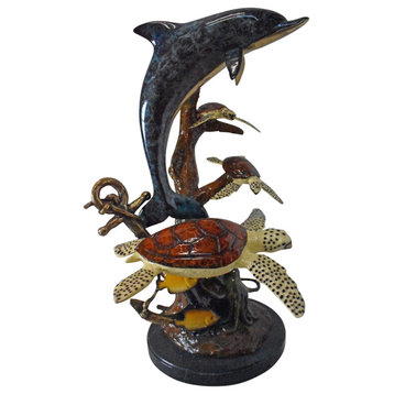 Dolphin with Three Turtles Bronze Statue Fountain - Size: 23"L x 22"W x 35"H.