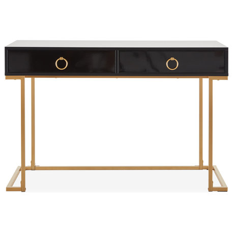 Home Office 2-Drawer Desk/Vanity Table, Wood And Metal, Black